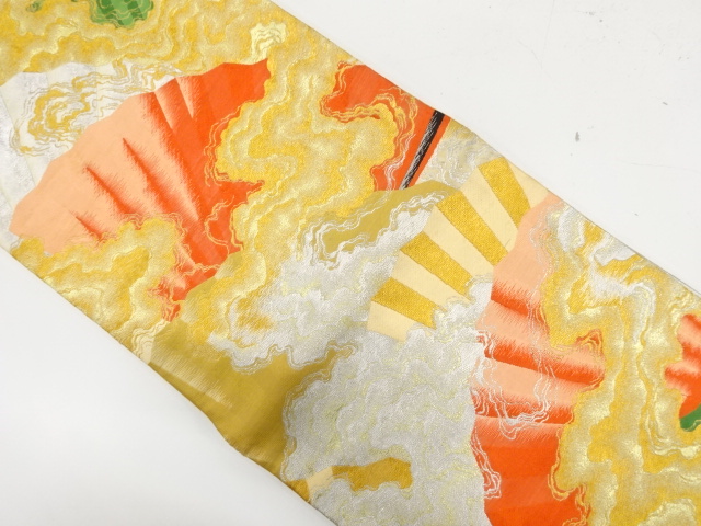 アンティーク　霞に扇模様織り出し丸帯（着用可）